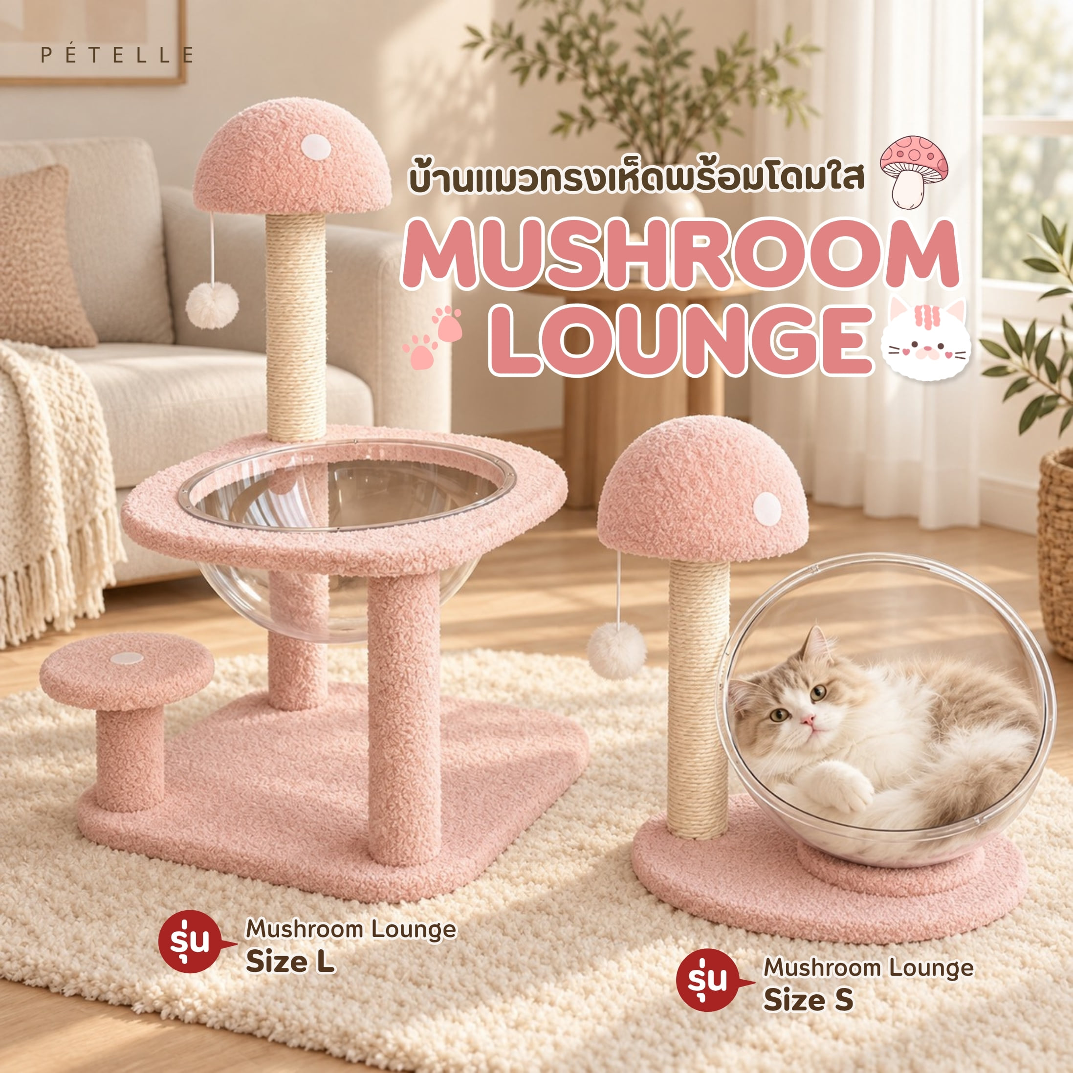 บ้านเห็ดแมวพร้อมโดมใส PETELLE รุ่น MUSHROOM LOUNGE ไซส์ L_2
